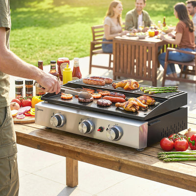 Outsunny 3 Burner Grill Griddle, Portable Gas Plancha with Warming Rack, 7.5 kW, Tabletop Gas BBQ with Grease Cup, Black 