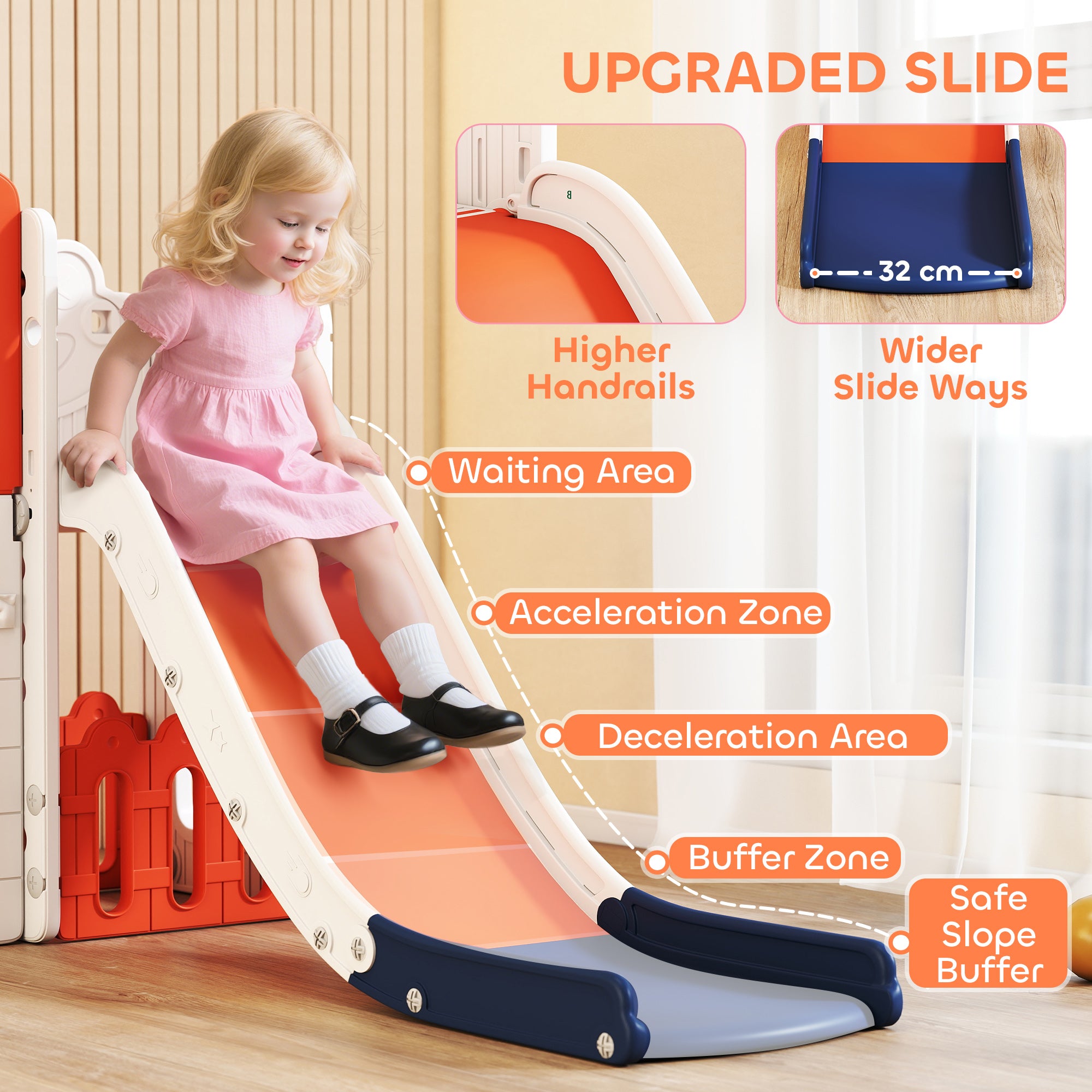 AIYAPLAY 7 in 1 Toddler Slide Set with Basketball Hoop, Climbing Frame, Telescope, Drawing Board, Storage Box, Orange 