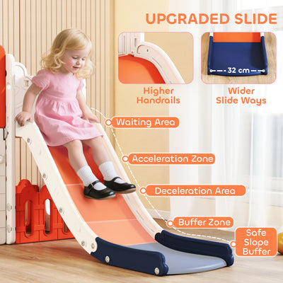 AIYAPLAY 7 in 1 Toddler Slide Set with Basketball Hoop, Climbing Frame, Telescope, Drawing Board, Storage Box, Orange 