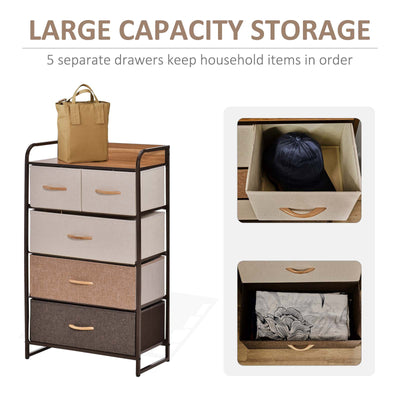 HOMCOM 5-Drawer Dresser Tower 3-Tier Storage Organizer with Steel Frame Wooden Top for Bedroom Hallway Closets 