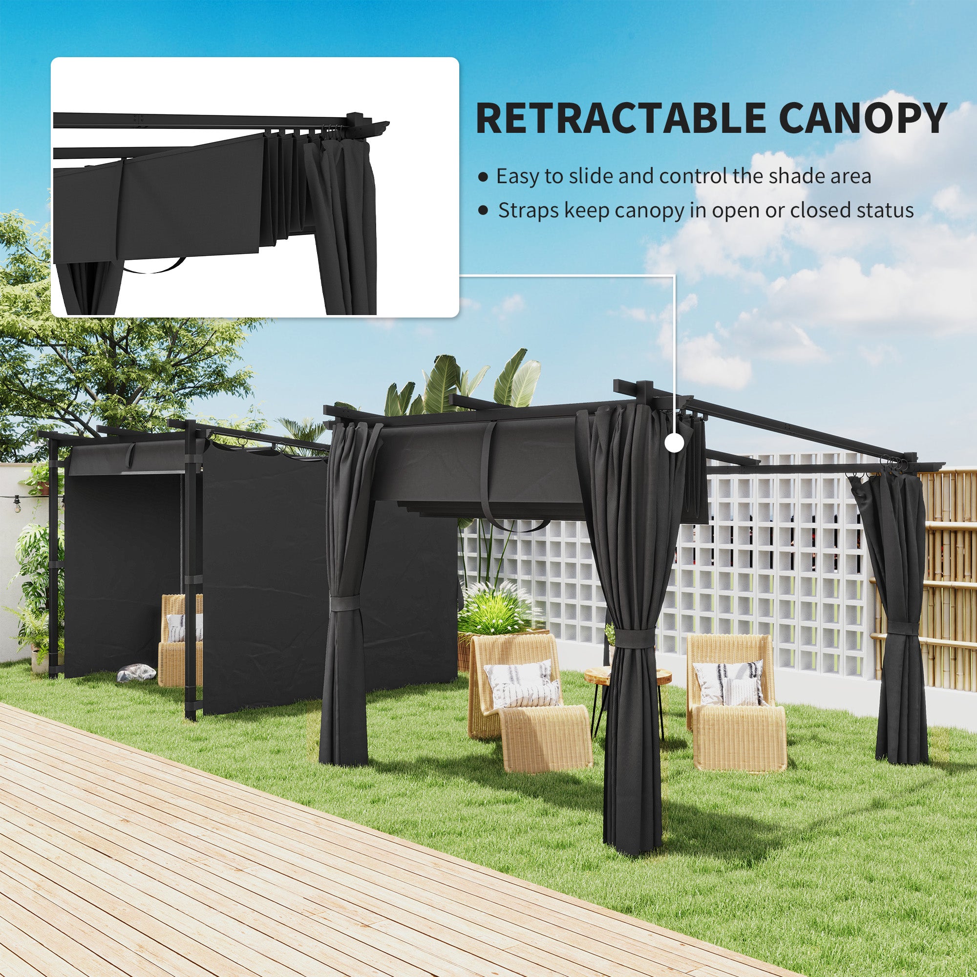Outsunny 3 x 3 m Retractable Roof Pergola, with Curtains - Dark Grey 