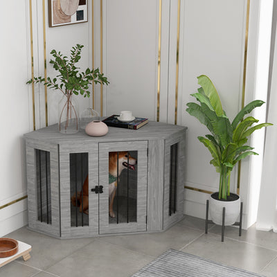 PawHut 2 in 1 Dog Crate Furniture Side Table, with Cushion, 104 x 55 x 63cm - Grey 