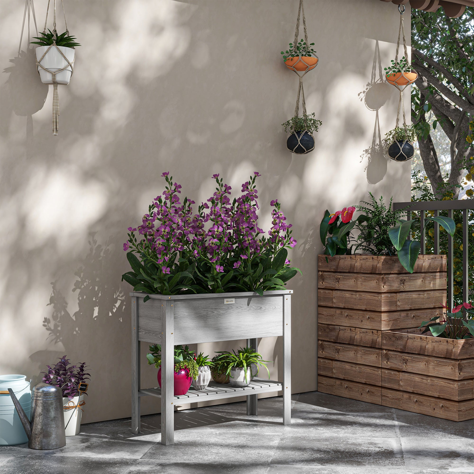 Outsunny Wooden Raised Garden Bed, Elevated Planter Box with Storage Shelf and Drainage Holes, Raised Planter with Legs, Grey 