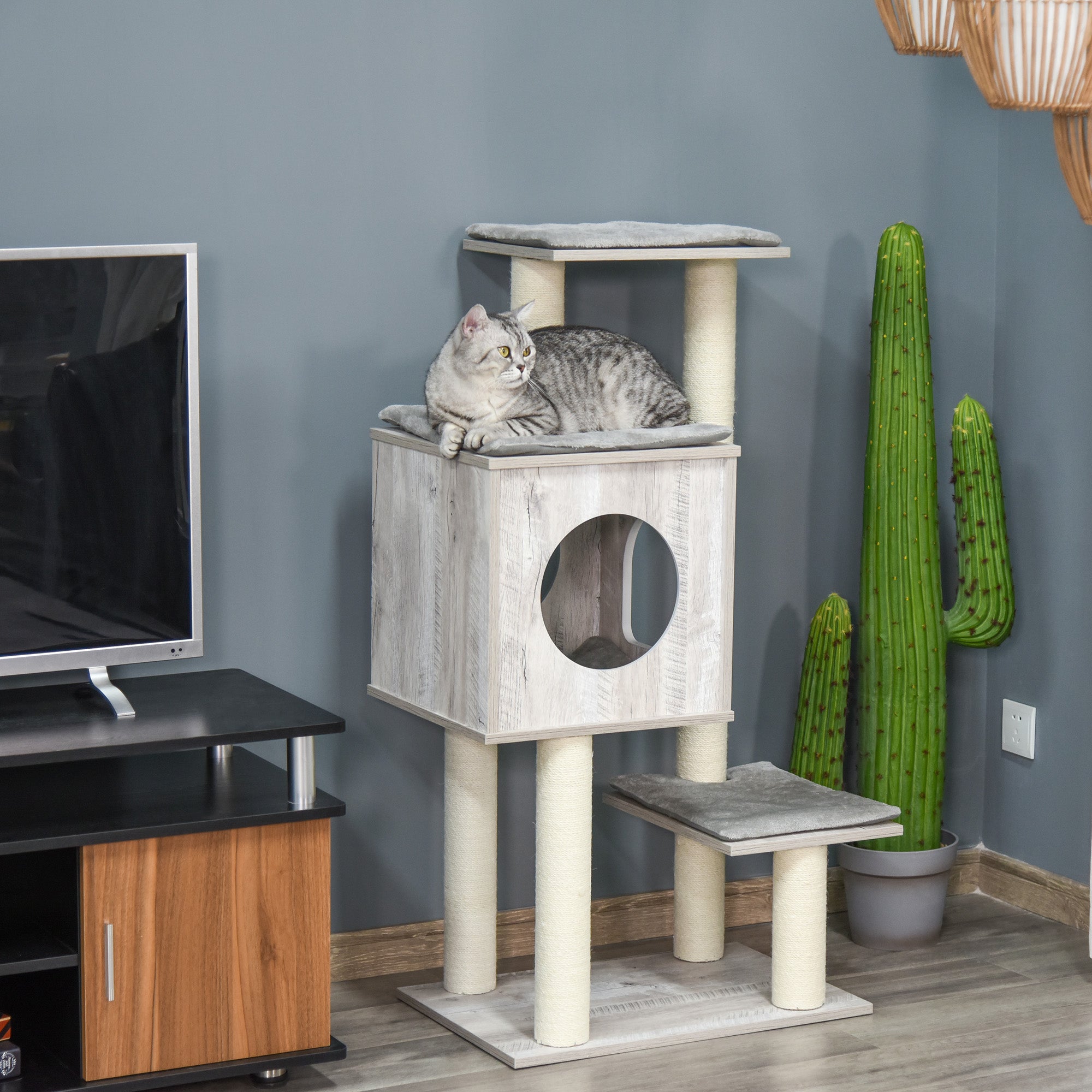 PawHut Cat Tree for Indoor Large Cats 113cm Kitten Tower Condo Jute Scratching Post Kitten Play House Activity Center Furniture 