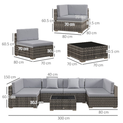 Outsunny Seven-Piece Rattan Garden Set, with Glass-Top Table - Mixed Grey 