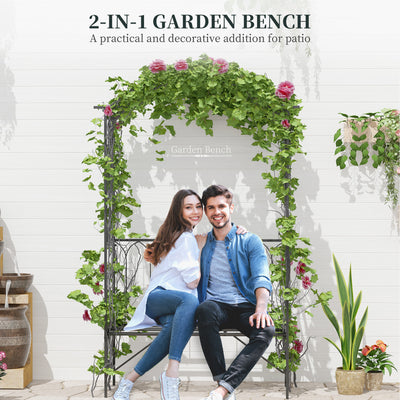 Outsunny Garden Metal Frame Bench W/Arch for Various Climbing Plant, 115Lx50Wx203H cm-Black 