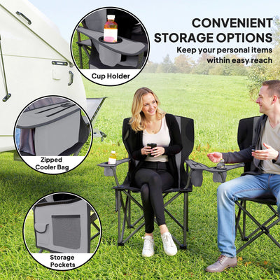 Outsunny Set of 2 Folding Camping Chairs, Padded Camping Chairs with Adjustable Armrests, Portable & Lightweight Folding Camp Chair with Cooler Bag, Cup Holder and Side Pockets, Grey 