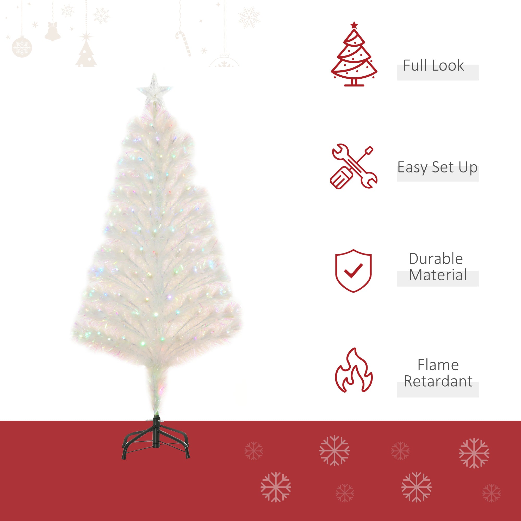 HOMCOM 4 Feet Prelit Artificial Christmas Tree with Fiber Optic LED Light, Holiday Home Xmas Decoration, White 
