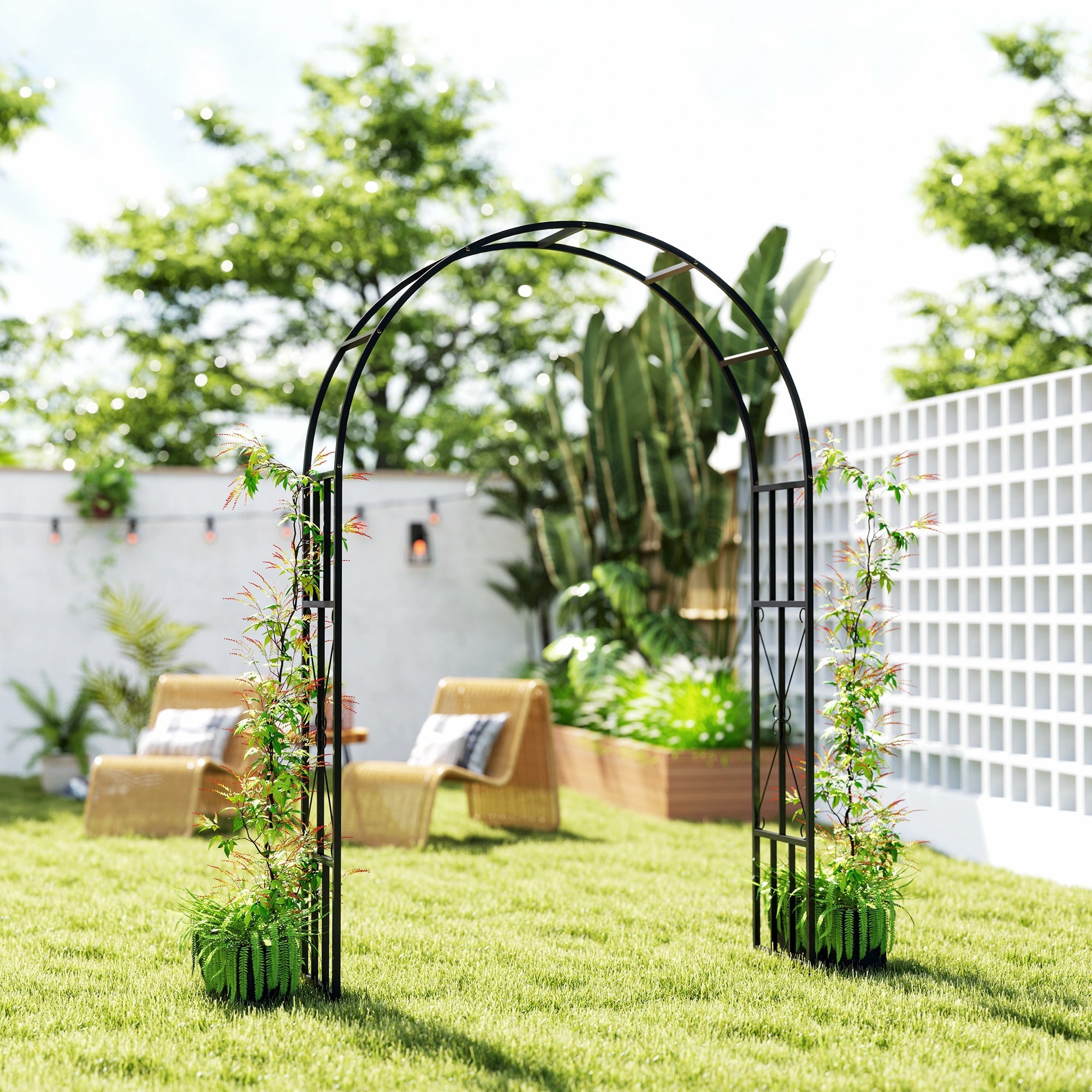 Outsunny Steel Garden Arch, 2.2m High x 1.5m Wide Metal Garden Trellis for Climbing Plants Roses Wisteria Vines, Outdoor Wedding Arch for Bridal Party Ceremony Decoration, Black 