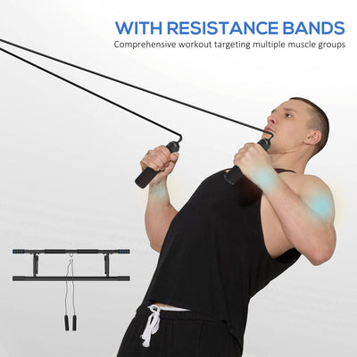 SPORTNOW Pull-Up Bar Doorway, No Drilling Chin-Up Bar Push Up Stand with Resistance Bands and Padded Handles for Home Gym Exercise, Blue 