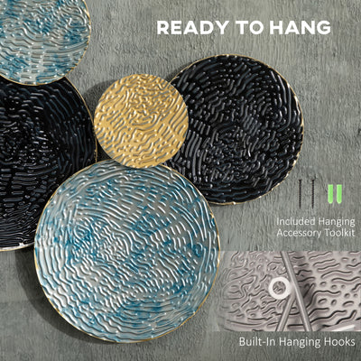 HOMCOM 3D Metal Wall Art Modern Circle Hanging Wall Sculptures Home Decor for Living Room Bedroom Dining Room, Blue Black Gold 
