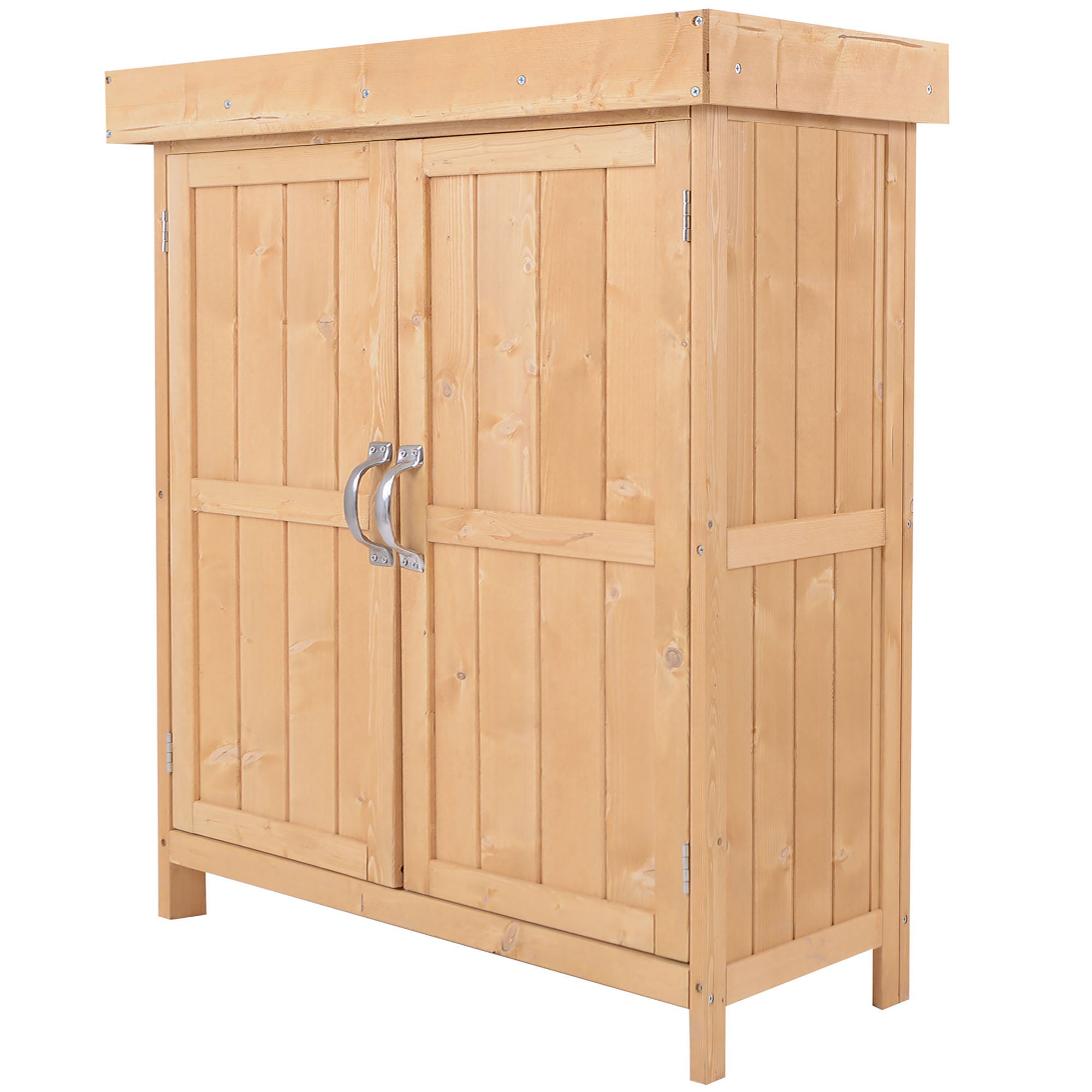 Outsunny Wooden Garden Storage Shed with Hinged Roof and Shelves, Outdoor Storage Cabinet Chest, Double Doors, 74 x 43 x 88cm, Burlywood 