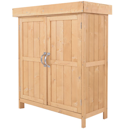 Outsunny Wooden Garden Storage Shed with Hinged Roof and Shelves, Outdoor Storage Cabinet Chest, Double Doors, 74 x 43 x 88cm, Burlywood 
