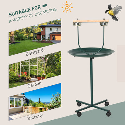 PawHut Bird Perch Stand with Perch, Four Wheels, Feeding Bowls for Small & Medium Birds, Green 