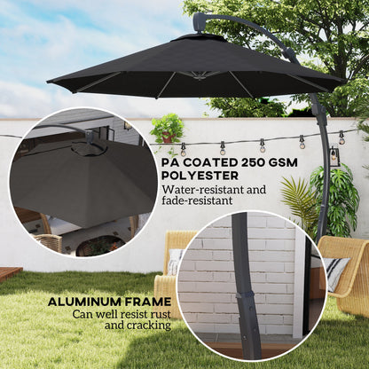 Outsunny 3(m) Garden Cantilever Parasol, Round Overhanging Umbrella with Crank Handle, Cross Base, Aluminium Frame and 360° Rotation, Banana Patio Umbrella for Outdoor Sun Shade, Black 