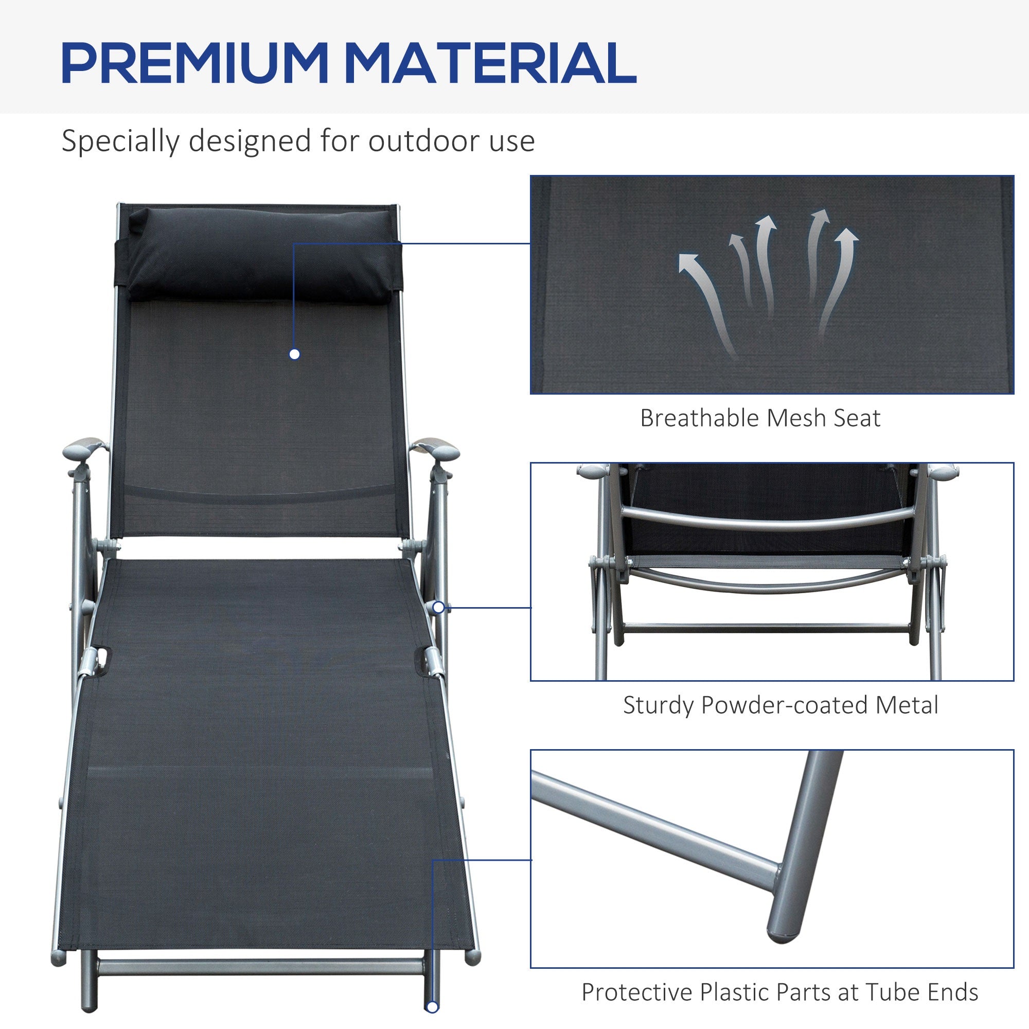 Outsunny Sun Lounger Steel Frame Outdoor Folding Chaise Texteline Lounge Chair Recliner with Headrest & 7 Levels Adjustable Backrest, Black 