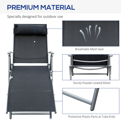 Outsunny Sun Lounger Steel Frame Outdoor Folding Chaise Texteline Lounge Chair Recliner with Headrest & 7 Levels Adjustable Backrest, Black 