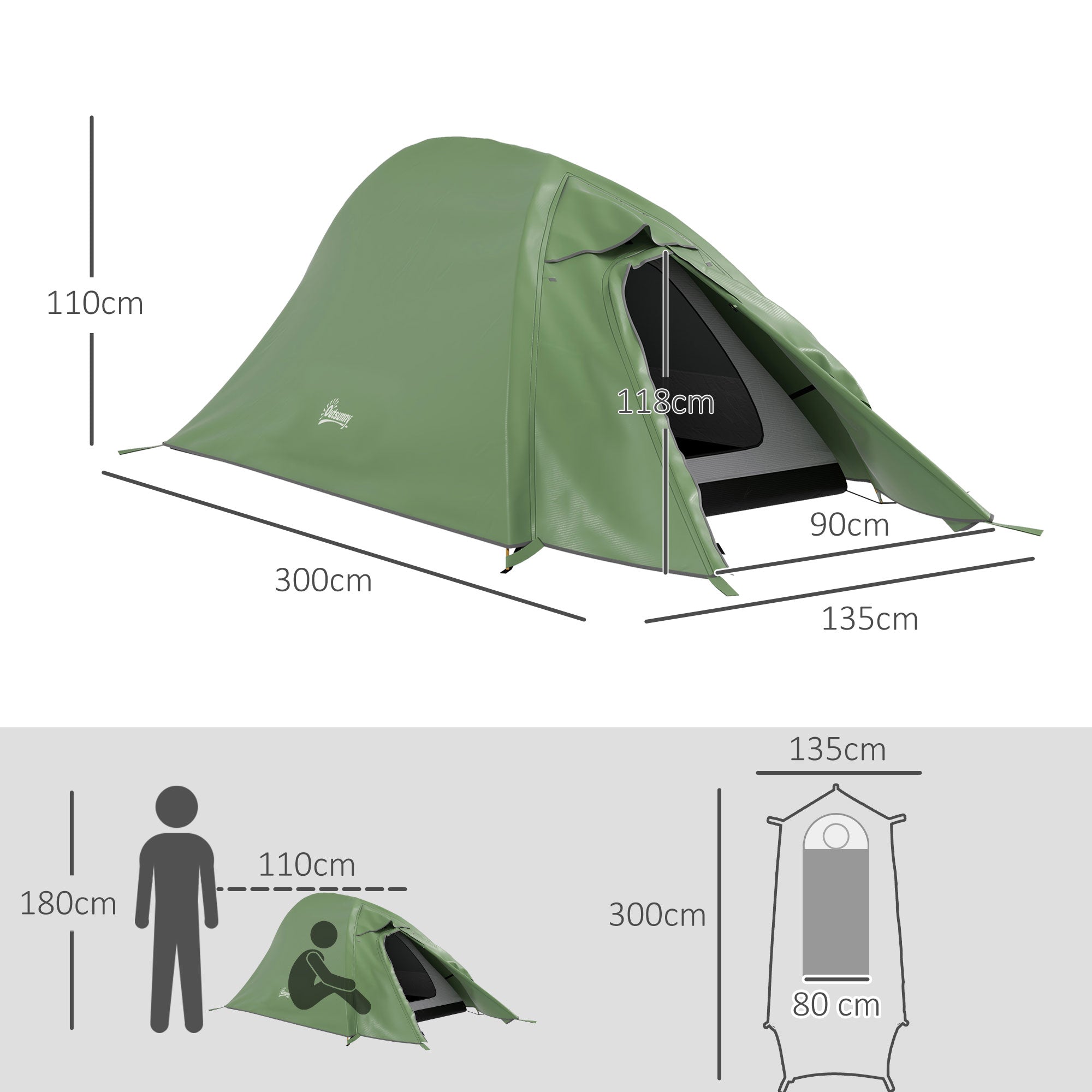 Outsunny Double Layer Camping Tent, 1-2 Man Backpacking Tent with Carry Bag, 2000mm Waterproof and Lightweight, Green 