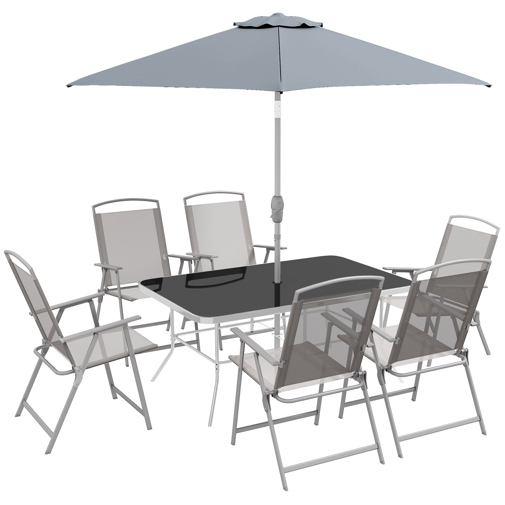 Outsunny Eight-Piece Garden Dining Set, with Chairs, Table and Parasol - Grey 