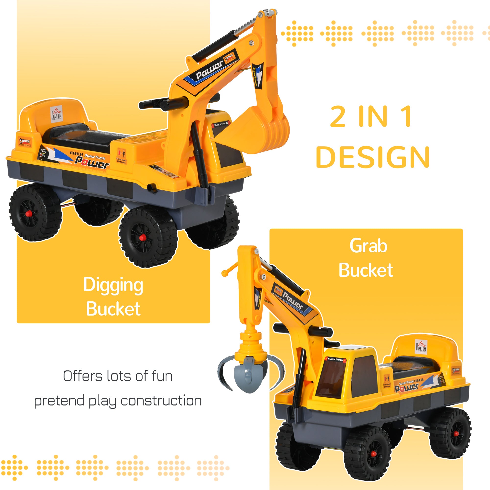 HOMCOM 2 in 1 Ride on Excavator Digger No Power Detachable Digging Bucket and Grab Bucket Music Light for 2-3 Years Old 