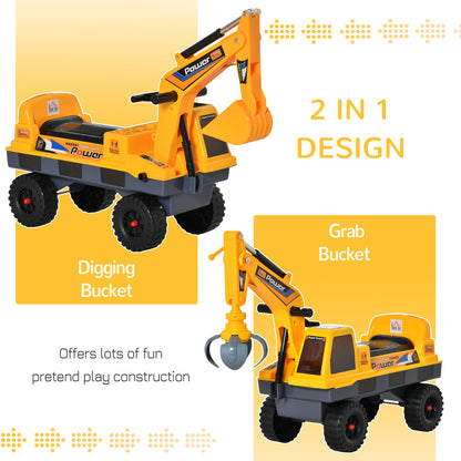 HOMCOM 2 in 1 Ride on Excavator Digger No Power Detachable Digging Bucket and Grab Bucket Music Light for 2-3 Years Old 