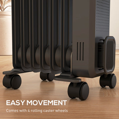 HOMCOM 1500W Oil Filled Radiator, 7 Fin, Portable Electric Heater with 3 Heat Settings, Safety Cut-Off and Wheels, Grey 