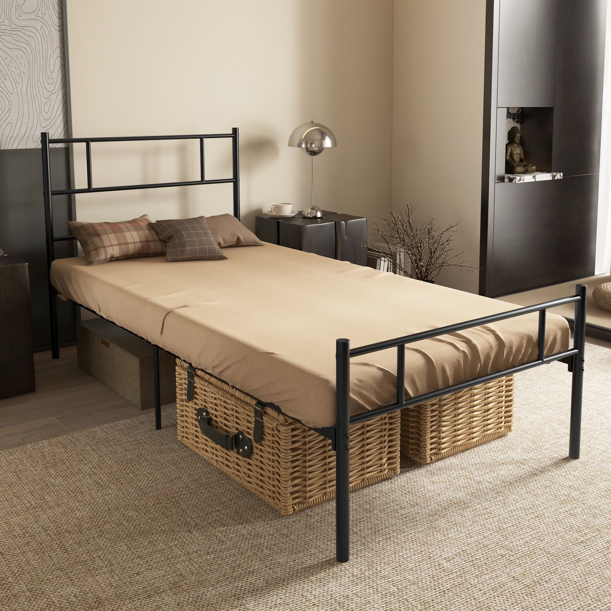 HOMCOM Single Metal Bed Frame Solid Bedstead Base with Headboard and Footboard, Metal Slat Support and Underbed Storage Space, Bedroom Furniture, Black 