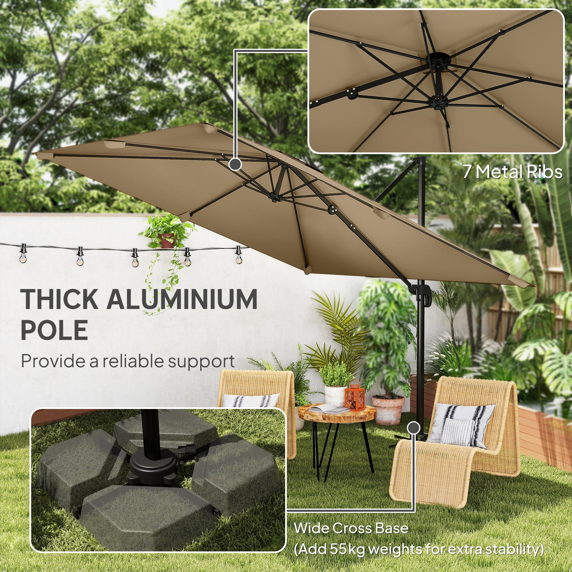 Outsunny 3 x 3 m Cantilever Parasol, Square Patio Umbrella with Crank Handle, Cross Base, Tilt, 360° Rotation, Khaki 