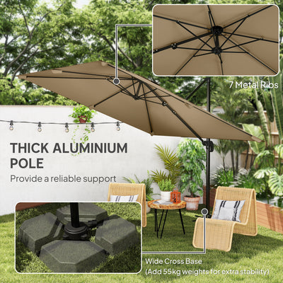 Outsunny 3 x 3 m Cantilever Parasol, Square Patio Umbrella with Crank Handle, Cross Base, Tilt, 360° Rotation, Khaki 