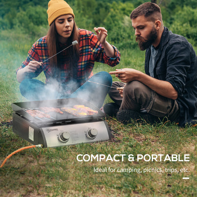 Outsunny Gas Plancha Grill with 2 Stainless Steel Burner, 6kW, Portable Tabletop Gas BBQ with Non-Stick Griddle for Camping Picnic Garden Party Festival 