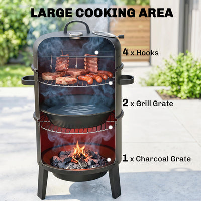 Outsunny 3-in-1 Vertical Charcoal Smoker with 2 Grill Grates, Built-in Thermometer, Adjustable Vent, 2 Doors 