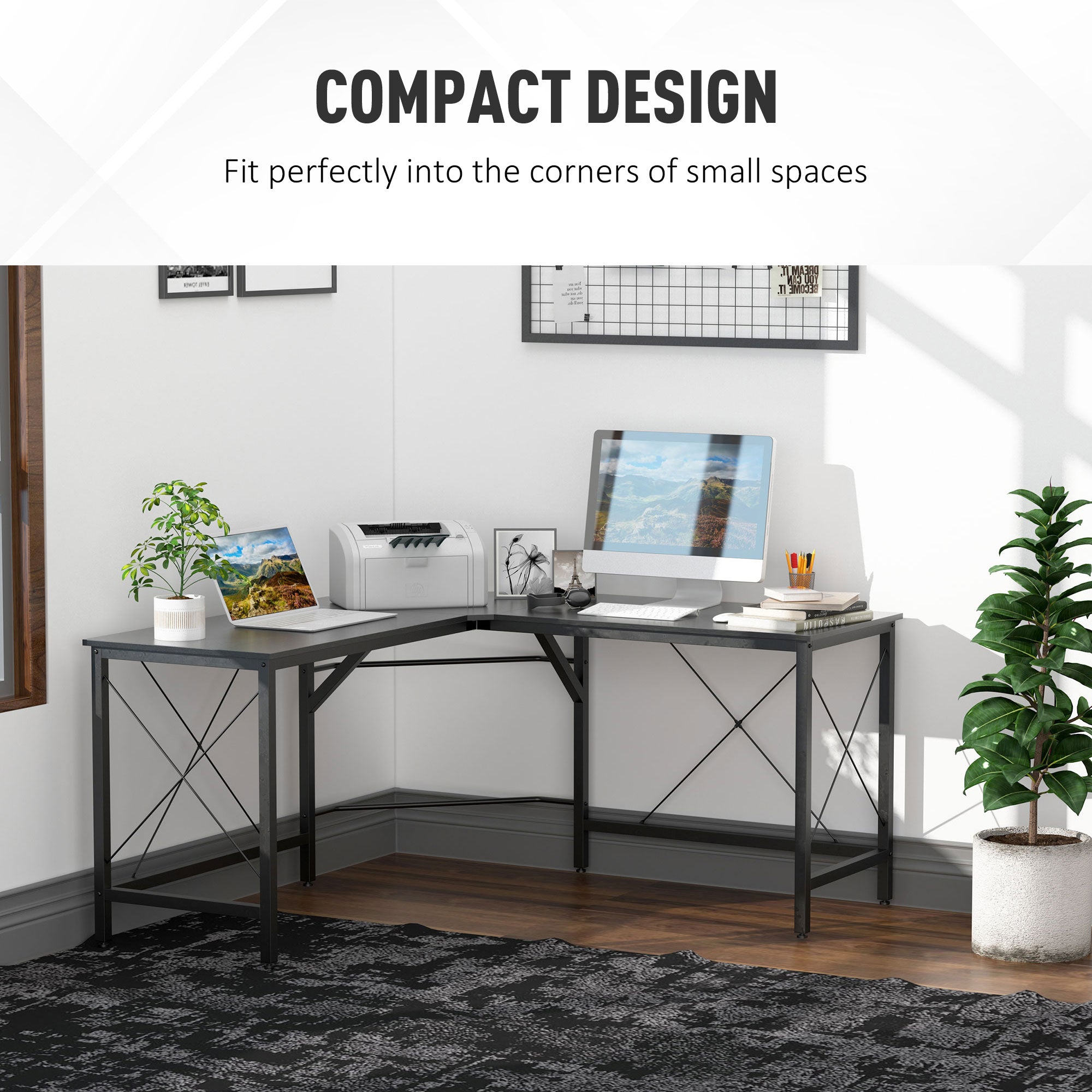 HOMCOM L-Shaped Corner Desk, Computer Desk for Home Office, Space-Saving Study Workstation, Easy to Assemble, 150 x 150 x 76cm, Black 