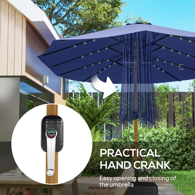 Outsunny Double Sided Garden Parasol with Base Included & 48 Solar LED Lights Patio Umbrella Crank Handle 4.6m Dark Blue 