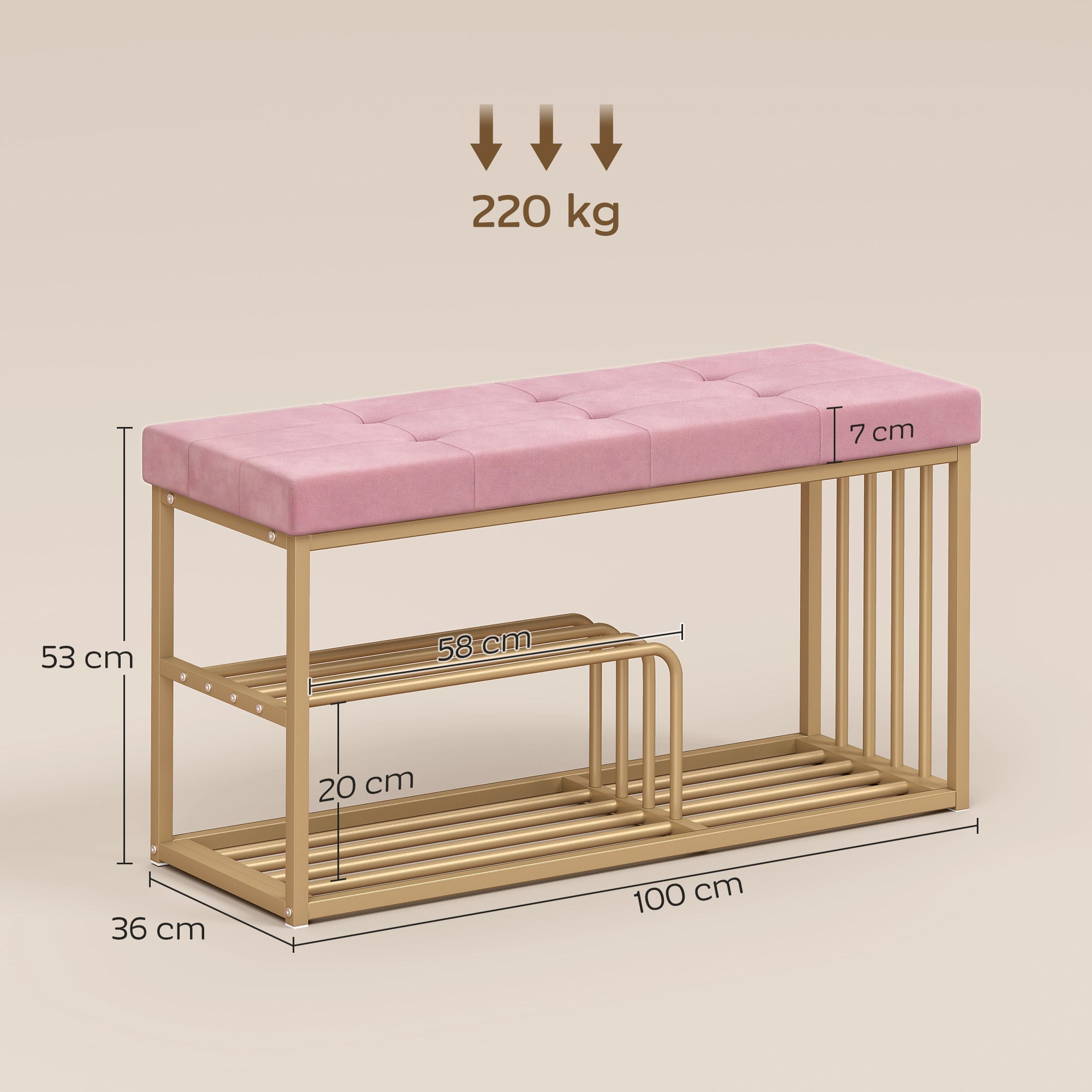 HOMCOM Bench and Shoe Storage, Tufted Shoe Storage Bench with Velvet Seat Cushion Gold Steel Frame for Entryway, Pink 