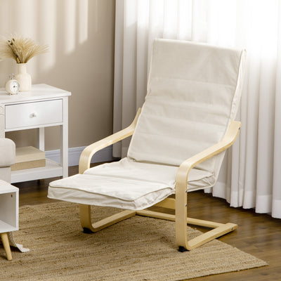 HOMCOM Wooden Lounging Chair Deck Relaxing Recliner Lounge Seat with Adjustable Footrest & Removable Cushion, Cream White 