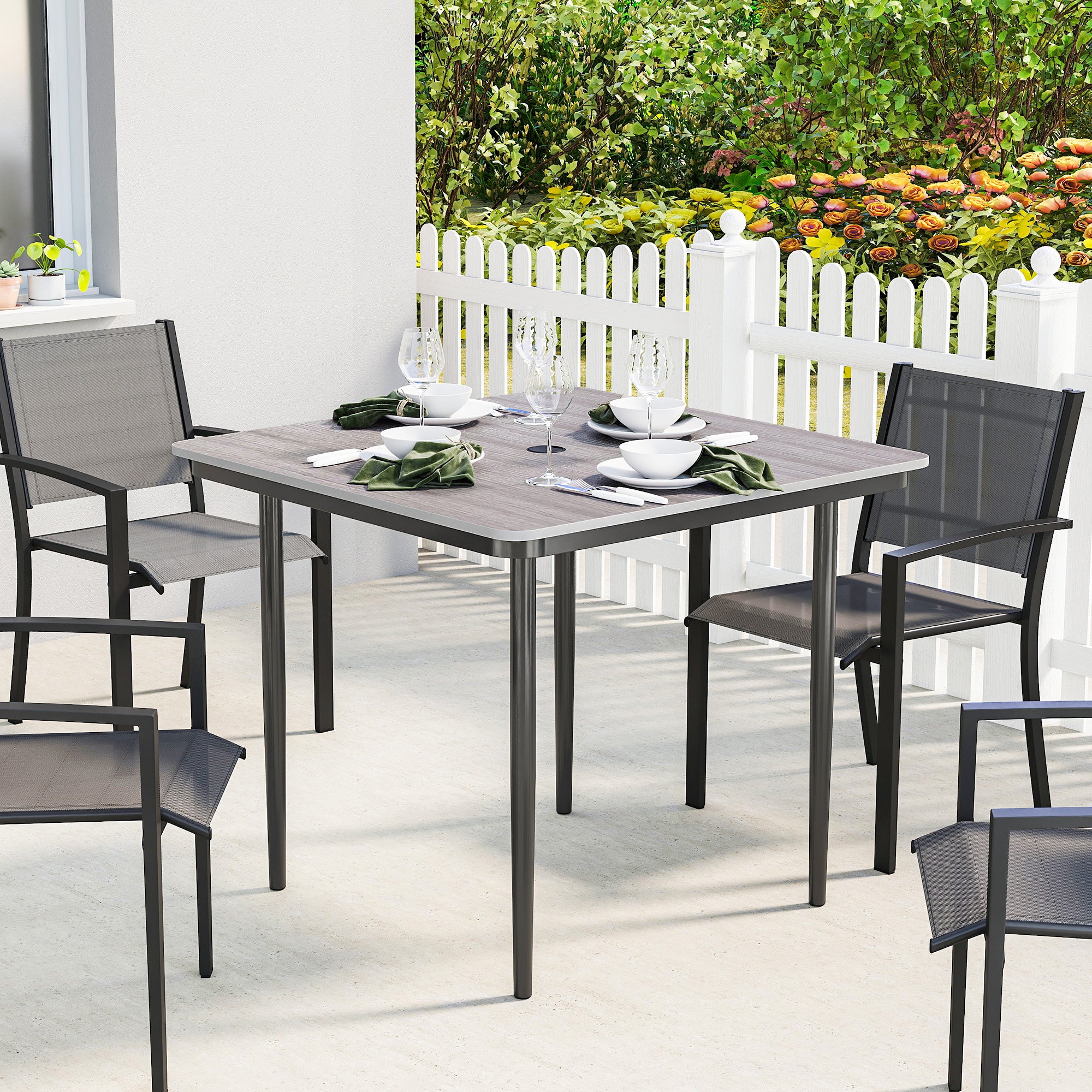 Outsunny Garden Dining Table for 4, 85 cm Square Outdoor Table with Umbrella Hole, Faux Wood Top, Metal Legs, Light Grey 