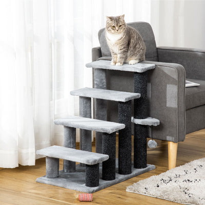 PawHut 4-step Pet Stairs with Scratching Posts, Platforms, Toy Ball, Grey 