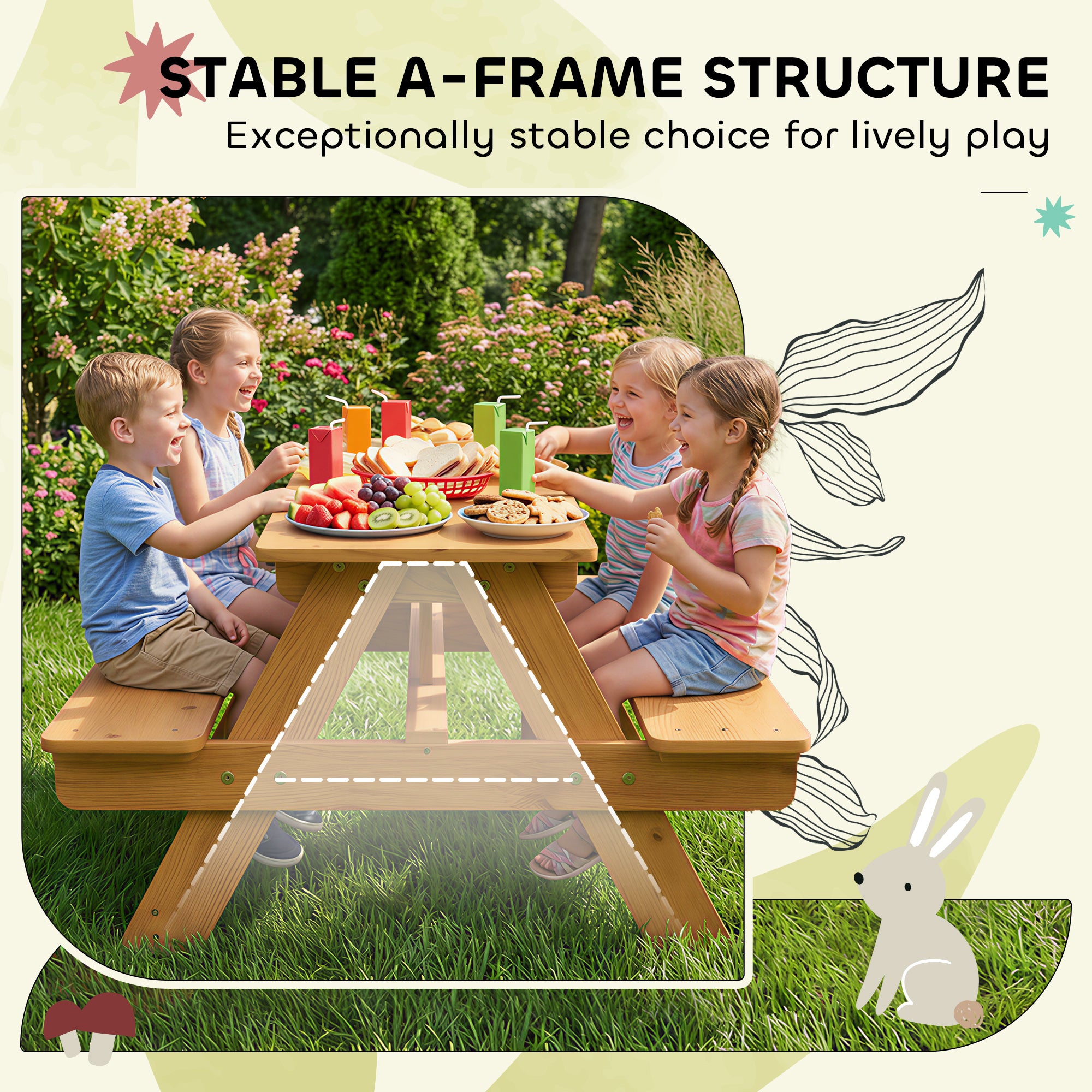 AIYAPLAY Kids Picnic Table for Outdoor Wooden Table & Bench Set with Integrated Benches Natural Wood 