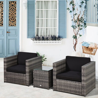 Outsunny 3 Pieces Rattan Bistro Set, Wicker Garden Furniture Set with Glass Top Coffee Table and Chairs, Thickened Washable Cushions for Outdoor, Patio, Balcony, Grey 