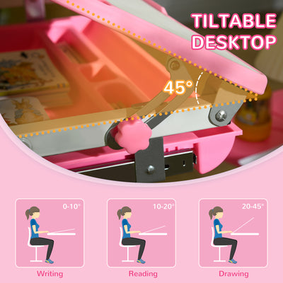 HOMCOM Kids Desk and Chair Set, Student Adjustable Writing Desk, with Drawer, Pen Slot, Hook - Pink 
