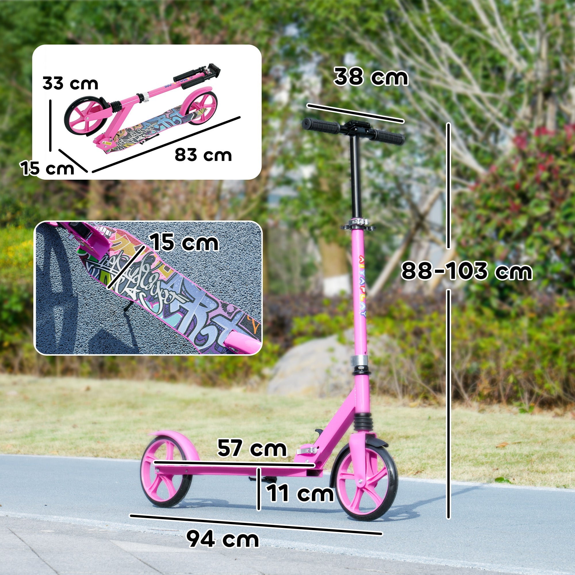 AIYAPLAY Foldable Kids Scooter with Adjustable Handlebar, 200mm Big Wheel, Rear Fender Brake, Gift for Ages 6-12 Years, Pink 