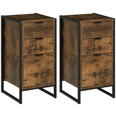 HOMCOM Bedroom Chest of Drawers Set of 2, Industrial 3-Drawer Dresser, Storage Drawers Unit with Metal Frame for Living Room, Rustic Brown 