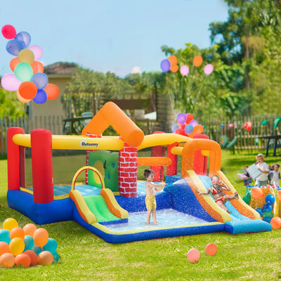 Outsunny 4 in 1 Kids Bouncy Castle Extra Large Double Slides & Trampoline Design Inflatable House Pool Climbing Wall with Blower Carrybag for Kids Age 3-8, 3.8 x 3.7 x 2.3m 