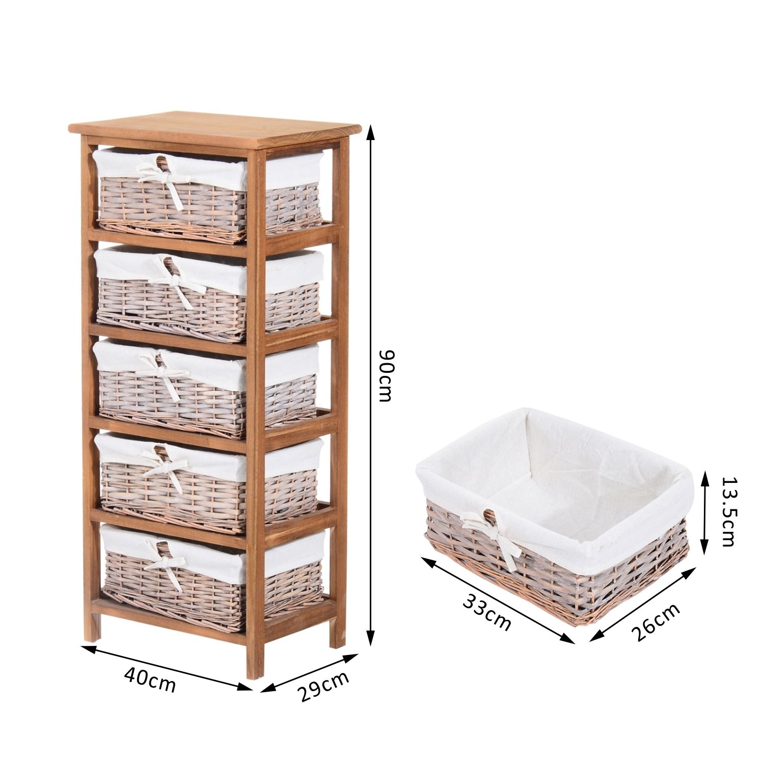 HOMCOM 5 Drawer Dresser Wicker Basket Storage Shelf Unit Wooden Frame Home Organisation Cabinet Bedroom Office Furniture Natural Finish 