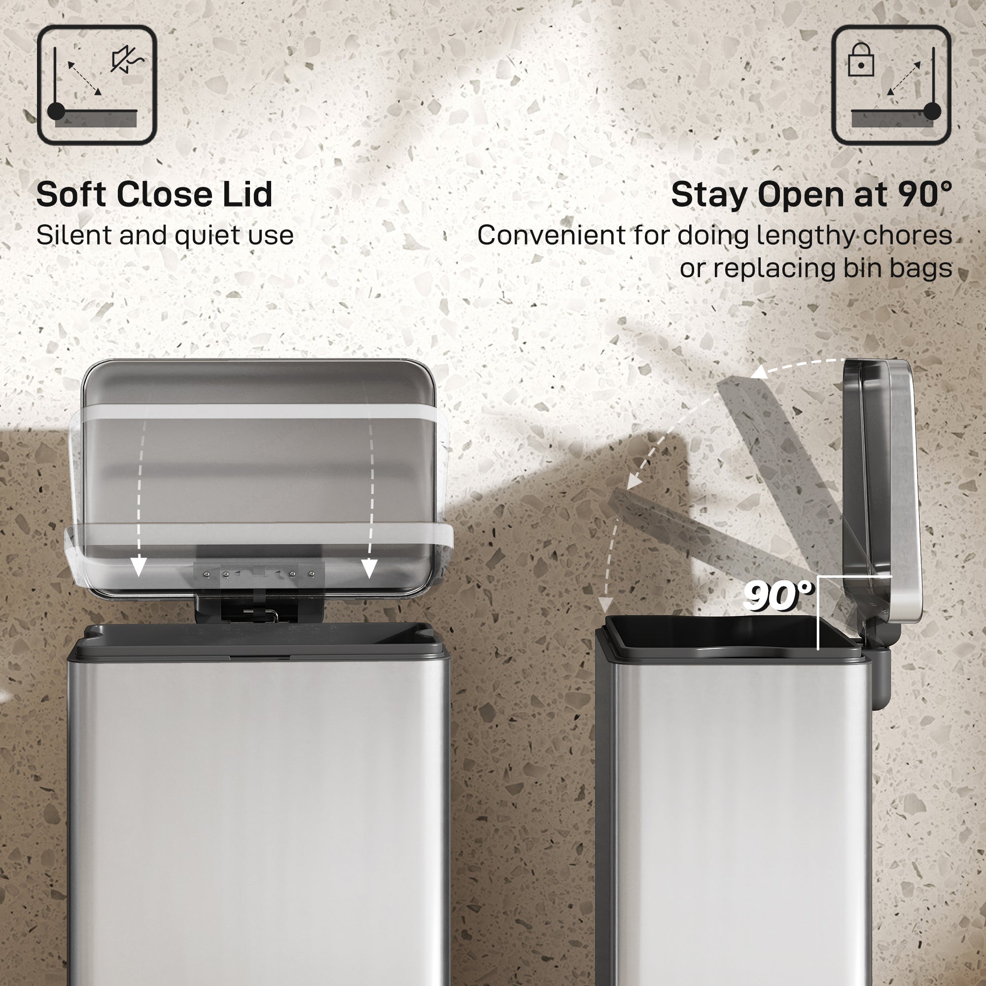 HOMCOM 20L Kitchen Bin with Soft-Close Lid and Stay-Open Function, Stainless Steel Pedal Bin with Removable Inner Bucket for Kitchen, Office, Home, Silver Tone 
