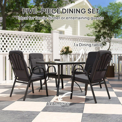 Outsunny 5 Pieces Outdoor Square Garden Dining Set w/ Tempered Glass Dining Table 4 Cushioned Armchairs, Umbrella Hole, Black 