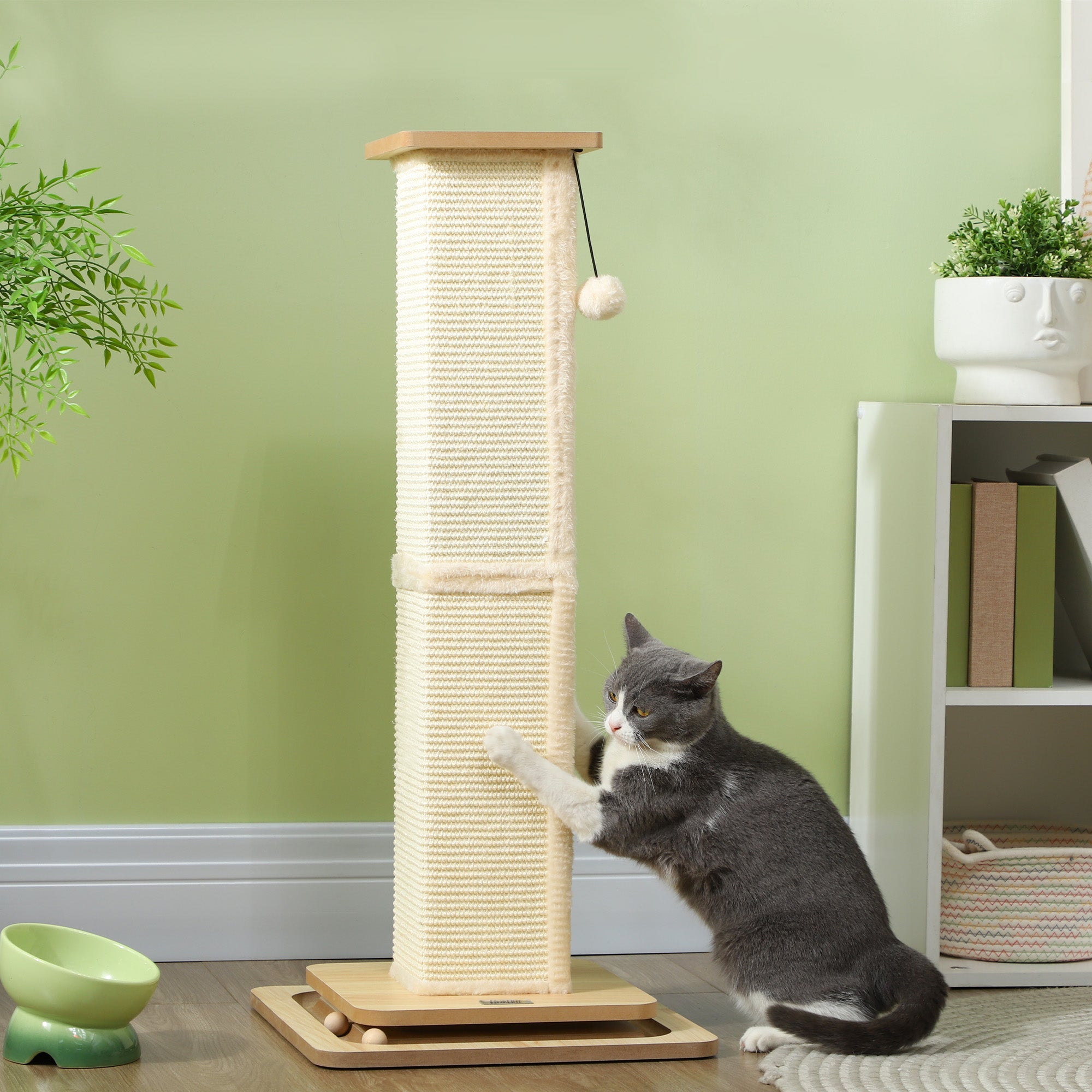PawHut 3-in-1 Cat Scratching Post, 87cm Cat Scratcher w/ Track Ball Toy, Oak Tone 