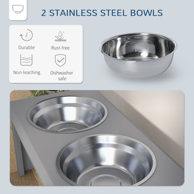 PawHut Raised Dog Feeding Bowls with Stand, Stainless Steel for Medium Dog, 58L x 31W x 25H cm - Grey 