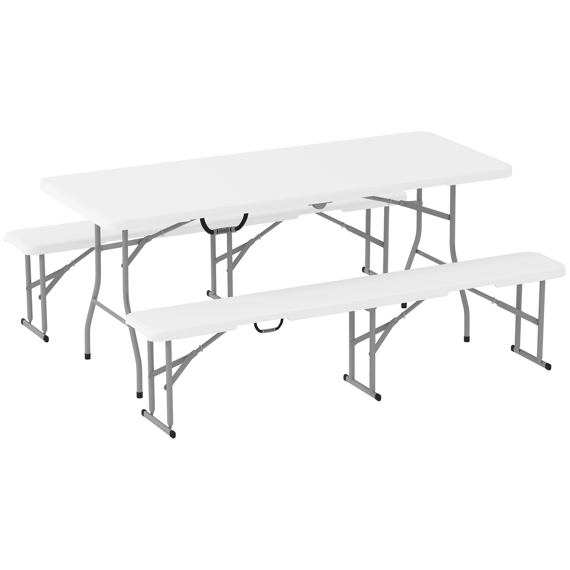 Outsunny 3 Piece 6ft Folding Picnic Table and Bench Set, Portable HDPE Camping Table and Chairs with Carrying Handles for Indoor Outdoor, Dining, Camping, Picnic, BBQ, Party, White 