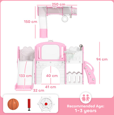 AIYAPLAY 7 in 1 Toddler Slide Set with Basketball Hoop, Climbing Frame, Telescope, Drawing Board, Storage Box, Pink 